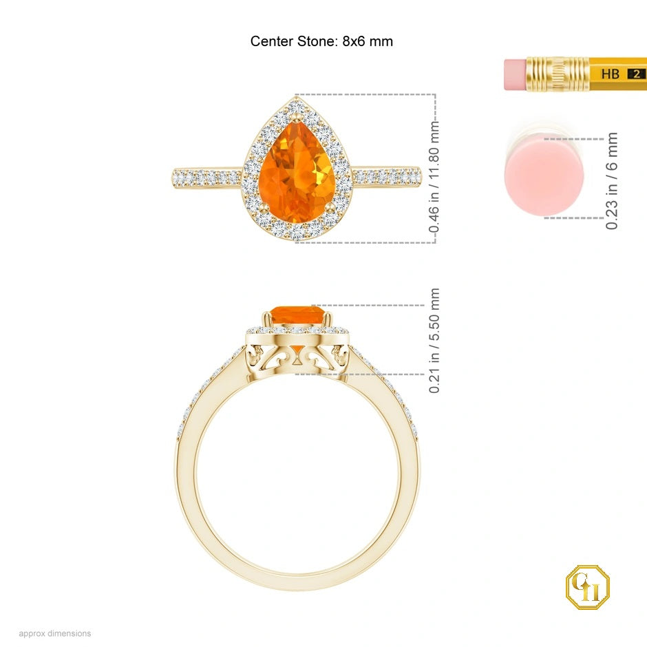 Pear cut Ring with Diamond Halo, Moissanite Engagement Ring, Fire Opal Wedding Ring Birthstone Ring For Women