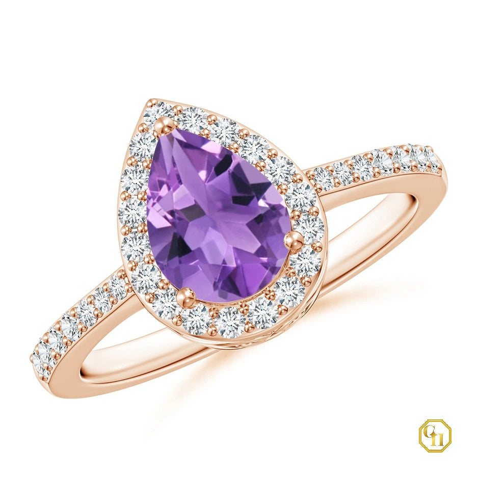 14k Slid Gold Pear Cut Amethyst Ring with Purple Diamond Halo Ring, Moissanite Engagement Ring, Wedding Birthstone Ring
