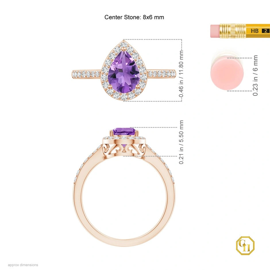 14k Slid Gold Pear Cut Amethyst Ring with Purple Diamond Halo Ring, Moissanite Engagement Ring, Wedding Birthstone Ring
