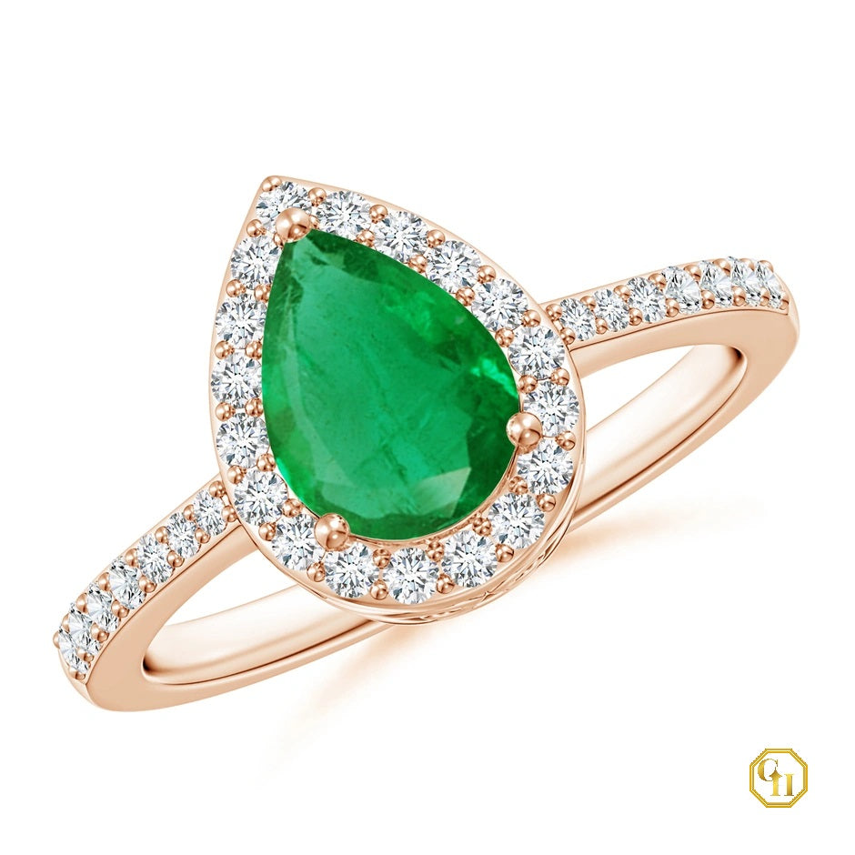Green Stone Pear Emerald Ring with Diamond Halo Ring, 14k Solid Gold Ring, Birthstone Engagement Ring, for Women
