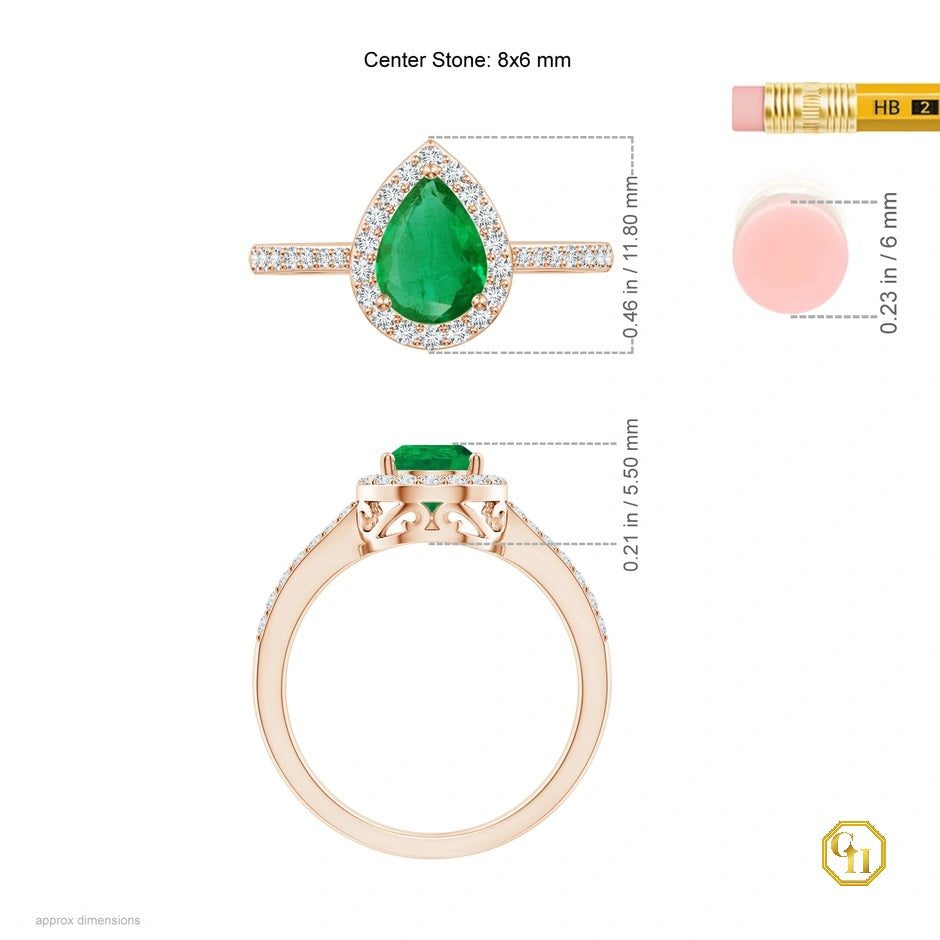Green Stone Pear Emerald Ring with Diamond Halo Ring, 14k Solid Gold Ring, Birthstone Engagement Ring, for Women