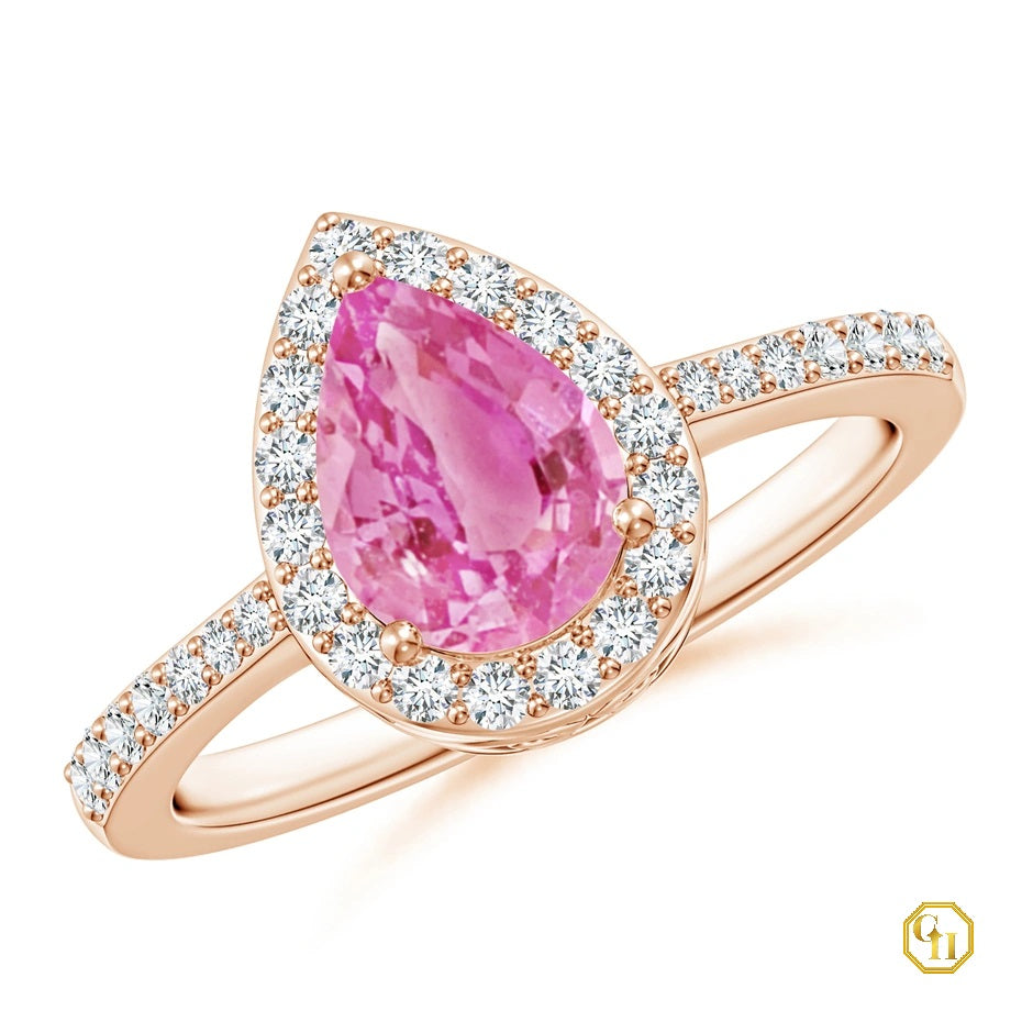 Pink Sapphire Pear Cut Ring with Diamond Halo Ring, Engagement Ring, Pear Pink Sapphire Gemstone Ring Moissanite Ring