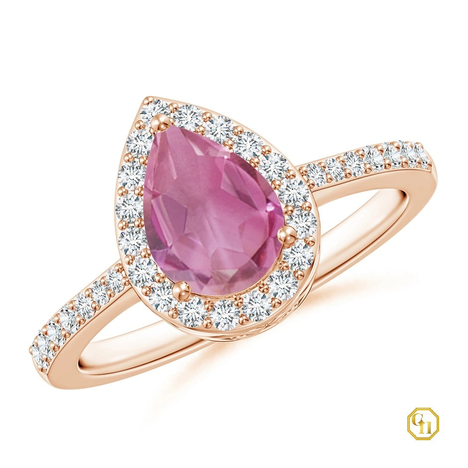 14k Rose Gold Ring Pink Tourmaline with Diamond Halo Ring, Wedding Ring, Tourmaline Birthstone Ring Moissanite Ring For Women