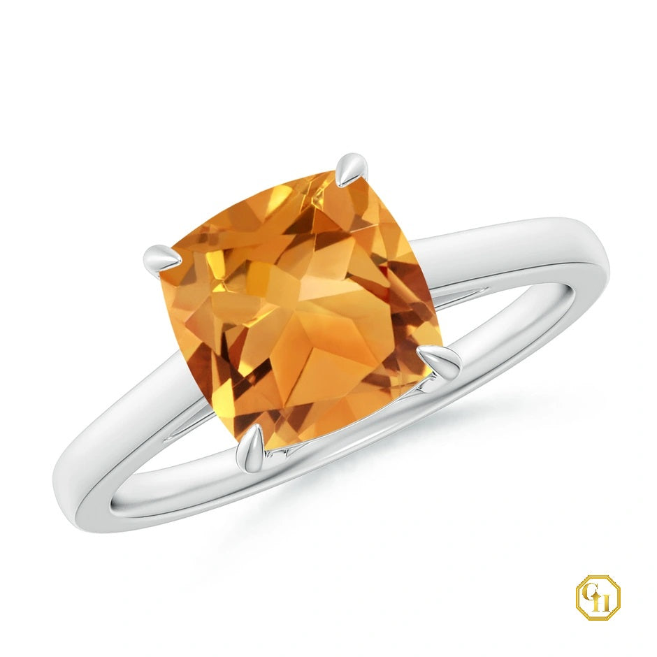 Solitaire Cushion Cut Citrine Cocktail Ring Moissanite Engagement Ring, 18 Caret Yellow Birthstone Ring
