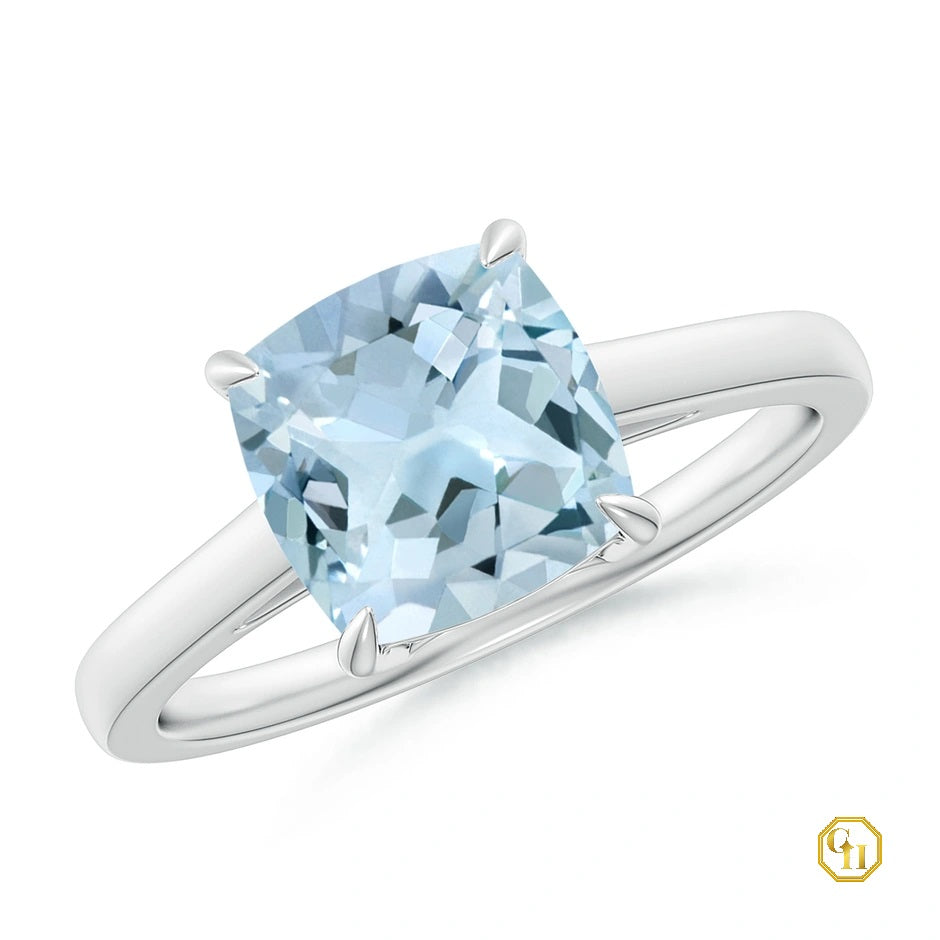 Classic Solitaire Cushion Aquamarine Cocktail Ring for Women Diamond Ring, Moissanite 14K Solid Gold Wedding Ring