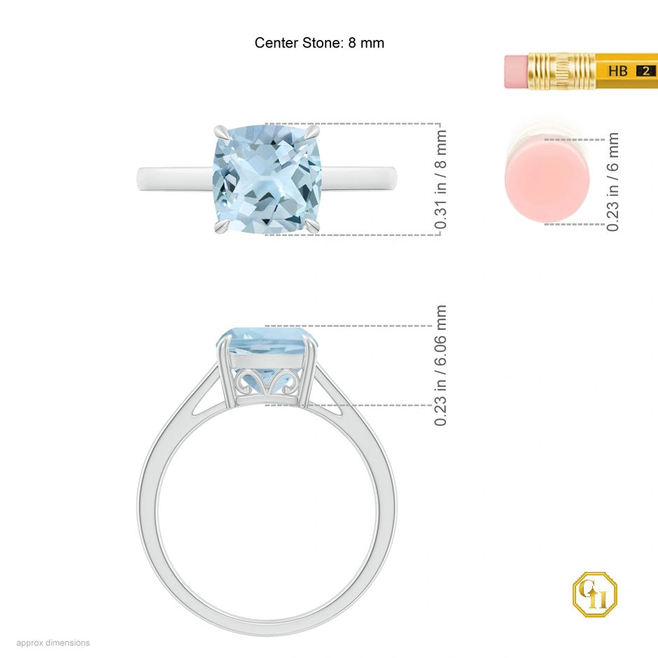 Classic Solitaire Cushion Aquamarine Cocktail Ring for Women Diamond Ring, Moissanite 14K Solid Gold Wedding Ring