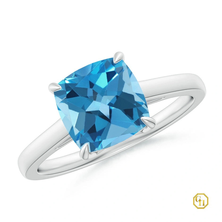 Topaz Cocktail Ring Solitaire Swiss Blue Stone Moissanite Ring, 14K Solid Gold Wedding For Women Ring