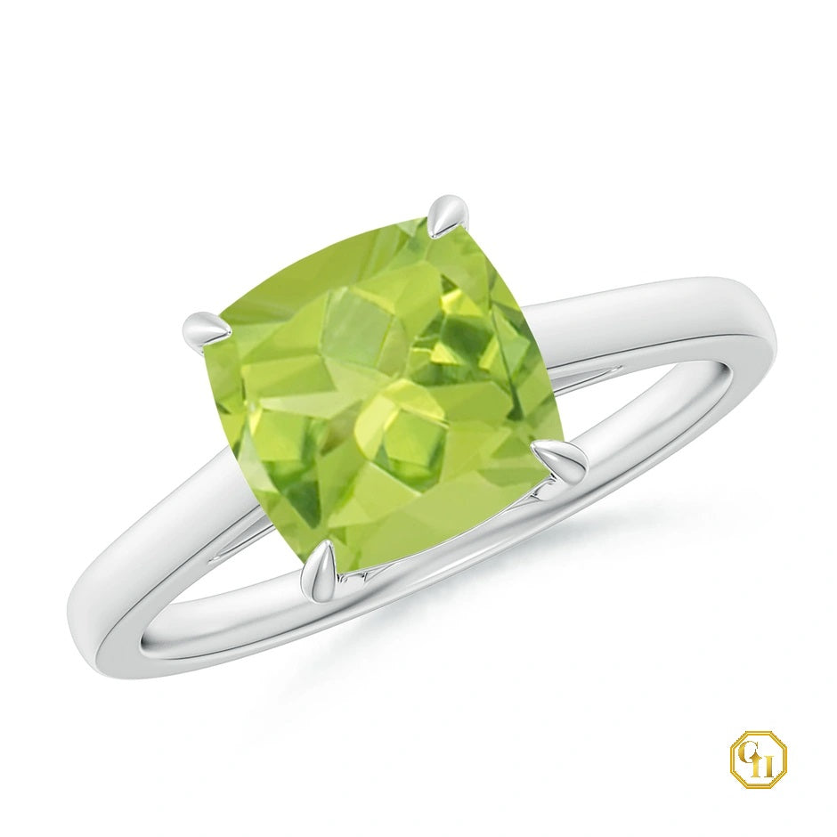 Solitaire Peridot Moissanite Ring, Cushion Cocktail Ring 10k Yellow Gold Engagement Ring For Women