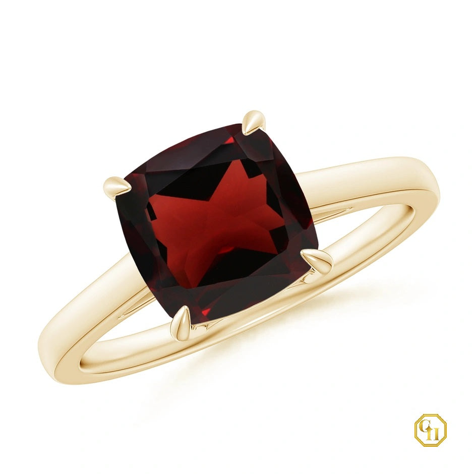 10k Solid Gold Ring Solitaire Cushion Garnet Cocktail Ring Birthstone Ring For Women's Wedding Ring, Moissanite Ring