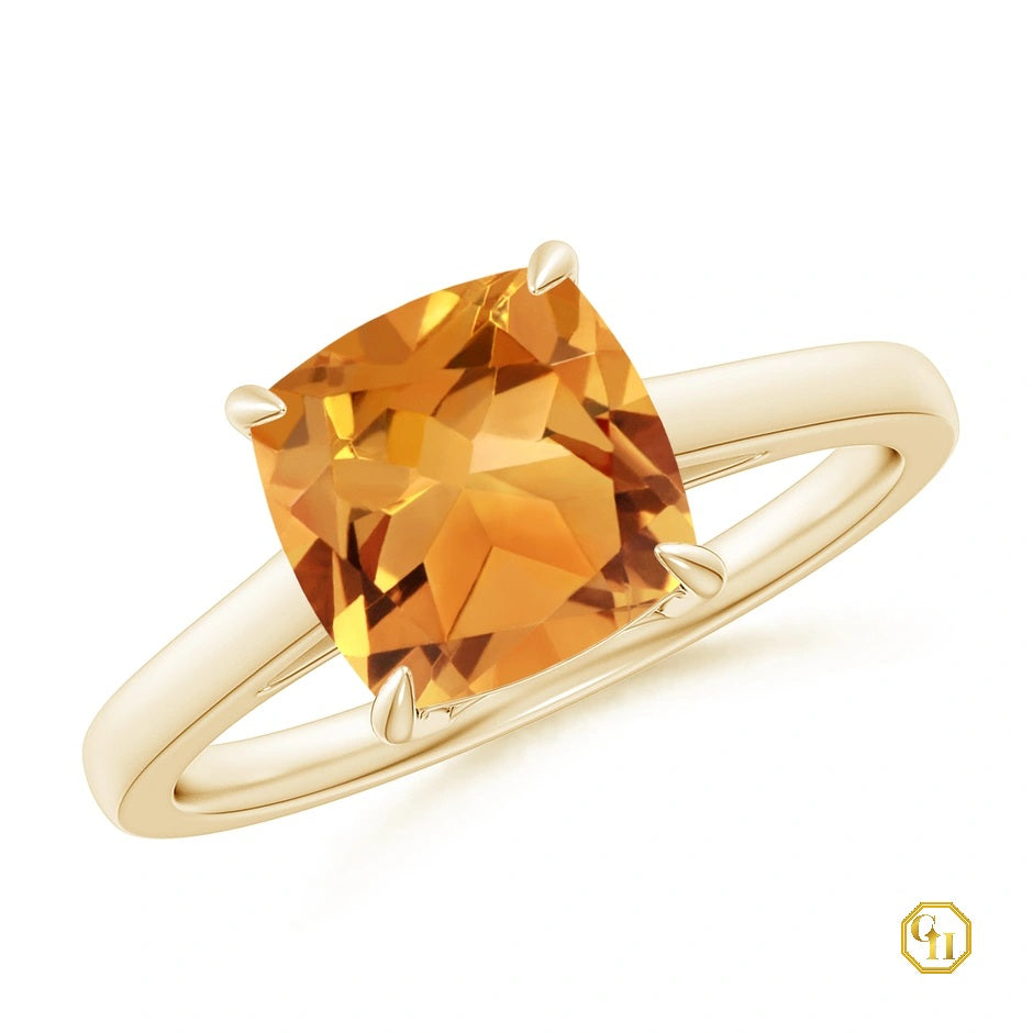 Solitaire Cushion Cut Citrine Cocktail Ring Moissanite Engagement Ring, 18 Caret Yellow Birthstone Ring