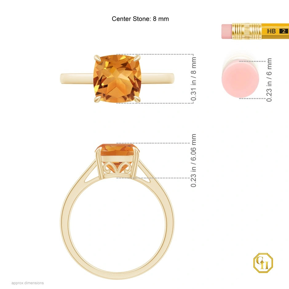 Solitaire Cushion Cut Citrine Cocktail Ring Moissanite Engagement Ring, 18 Caret Yellow Birthstone Ring