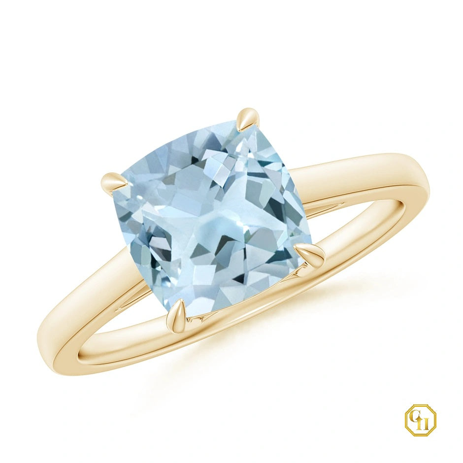 Classic Solitaire Cushion Aquamarine Cocktail Ring for Women Diamond Ring, Moissanite 14K Solid Gold Wedding Ring