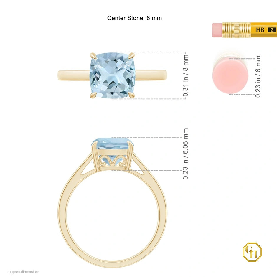 Classic Solitaire Cushion Aquamarine Cocktail Ring for Women Diamond Ring, Moissanite 14K Solid Gold Wedding Ring