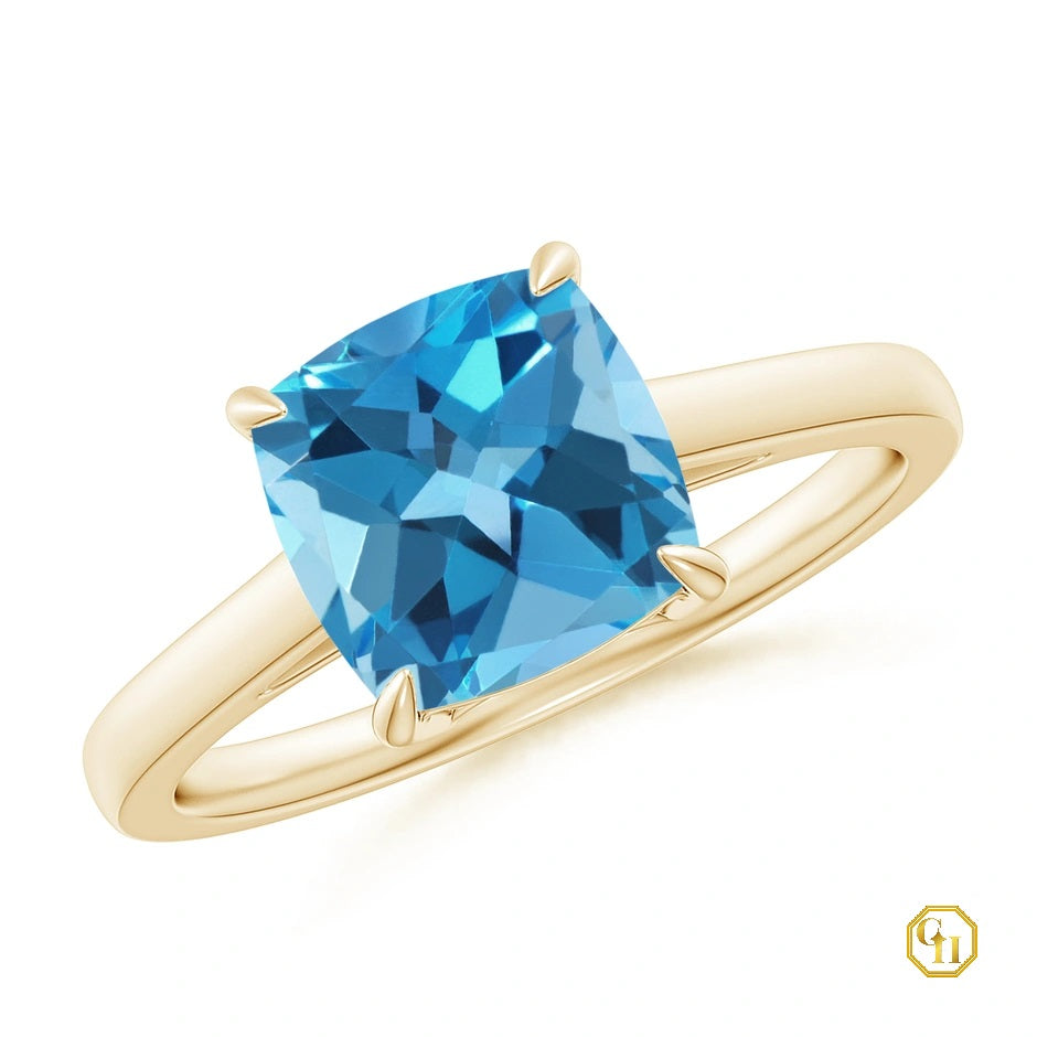 Topaz Cocktail Ring Solitaire Swiss Blue Stone Moissanite Ring, 14K Solid Gold Wedding For Women Ring