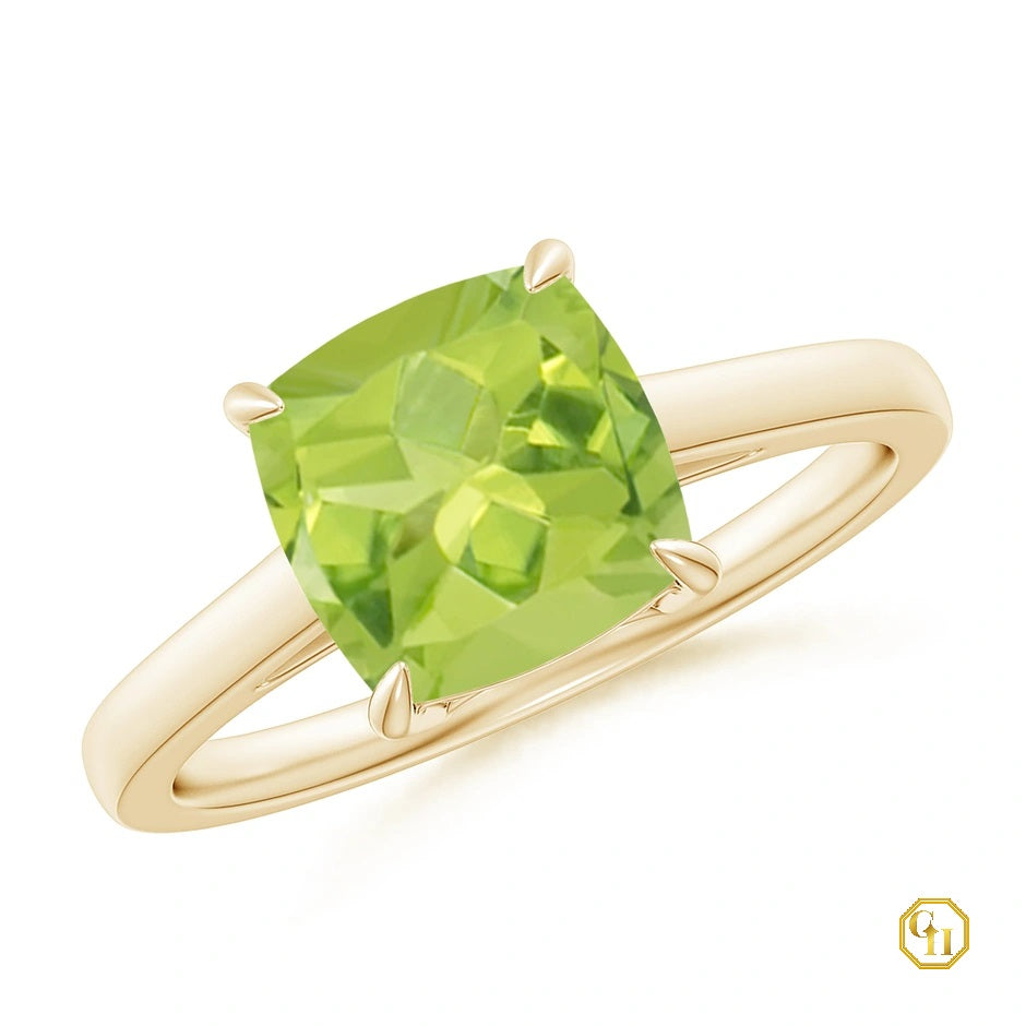Solitaire Peridot Moissanite Ring, Cushion Cocktail Ring 10k Yellow Gold Engagement Ring For Women