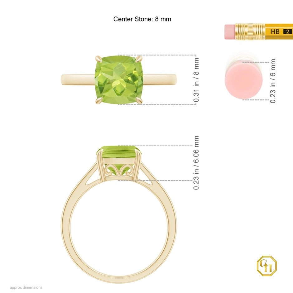 Solitaire Peridot Moissanite Ring, Cushion Cocktail Ring 10k Yellow Gold Engagement Ring For Women