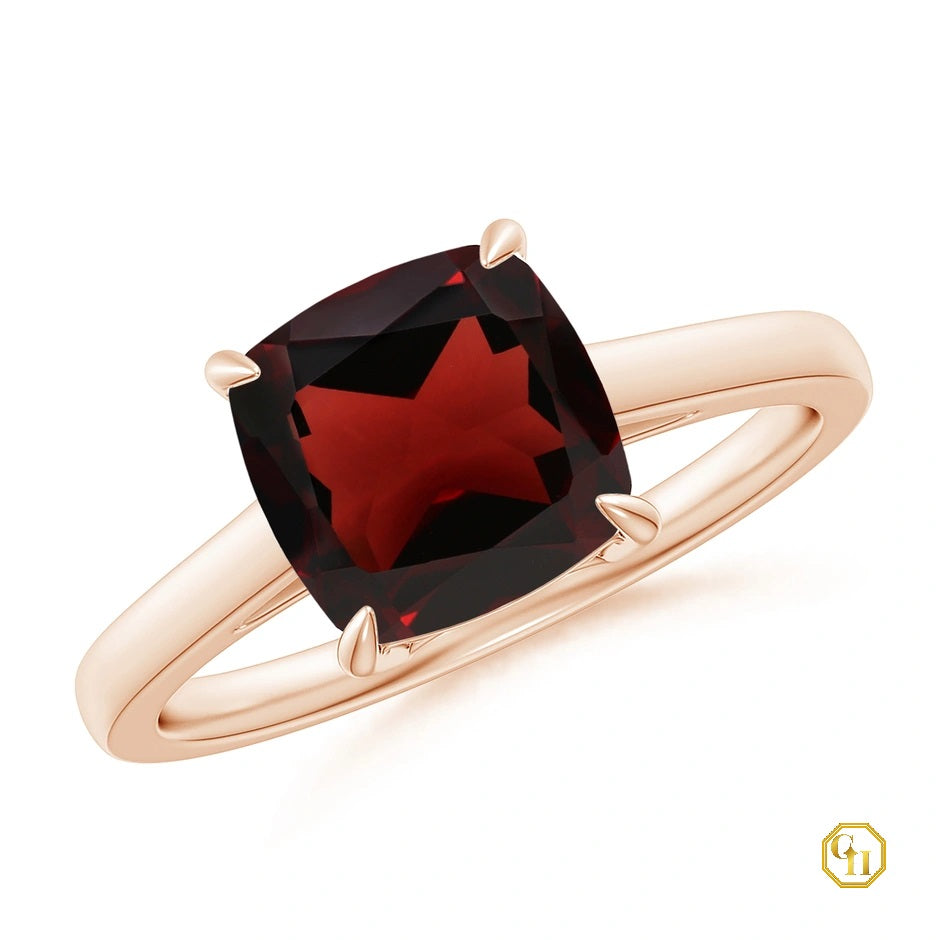 10k Solid Gold Ring Solitaire Cushion Garnet Cocktail Ring Birthstone Ring For Women's Wedding Ring, Moissanite Ring