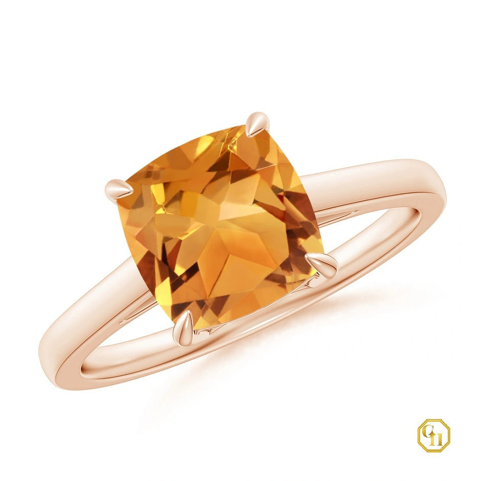 Solitaire Cushion Cut Citrine Cocktail Ring Moissanite Engagement Ring, 18 Caret Yellow Birthstone Ring