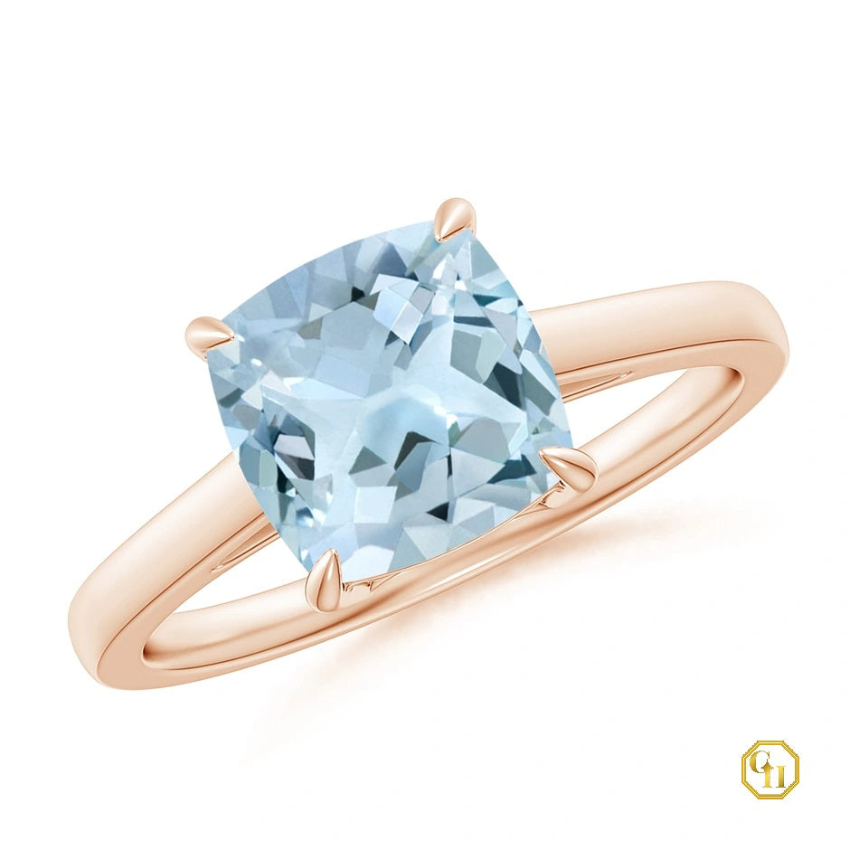 Classic Solitaire Cushion Aquamarine Cocktail Ring for Women Diamond Ring, Moissanite 14K Solid Gold Wedding Ring