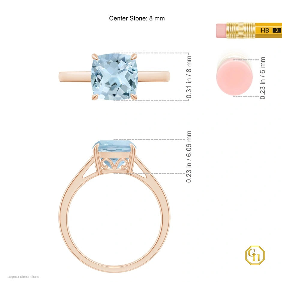 Classic Solitaire Cushion Aquamarine Cocktail Ring for Women Diamond Ring, Moissanite 14K Solid Gold Wedding Ring