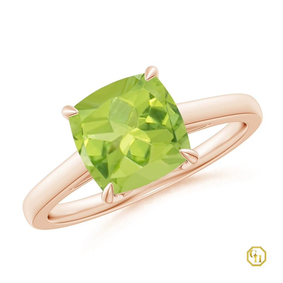 Solitaire Peridot Moissanite Ring, Cushion Cocktail Ring 10k Yellow Gold Engagement Ring For Women