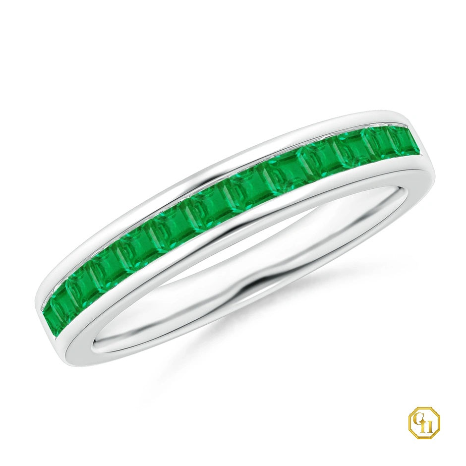 14k Rose Gold Ring Channel Set Ring, Square Emerald Half Eternity Ring, Birthstone Ring For Love
