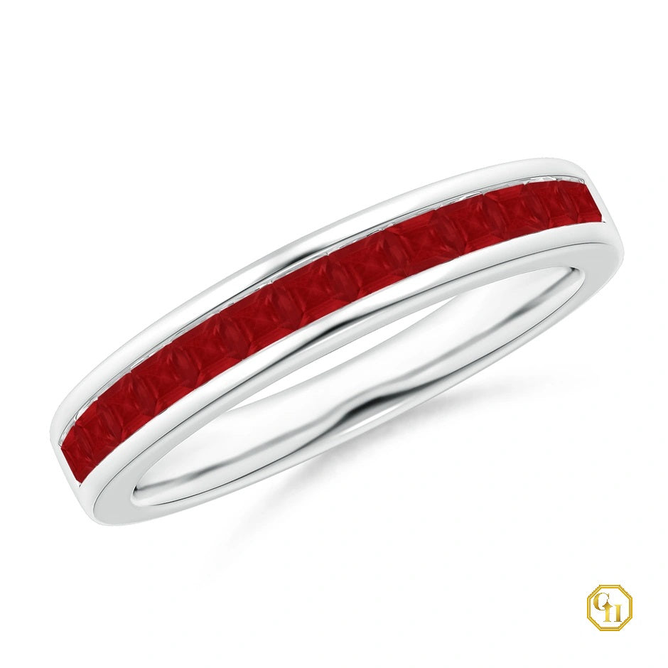 18kt Yellow Gold Ring Channel Set Ring, Ruby Half Eternity Ring, Birthstone Ring For Women
