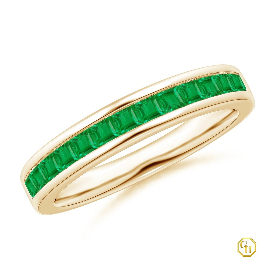 14k Rose Gold Ring Channel Set Ring, Square Emerald Half Eternity Ring, Birthstone Ring For Love