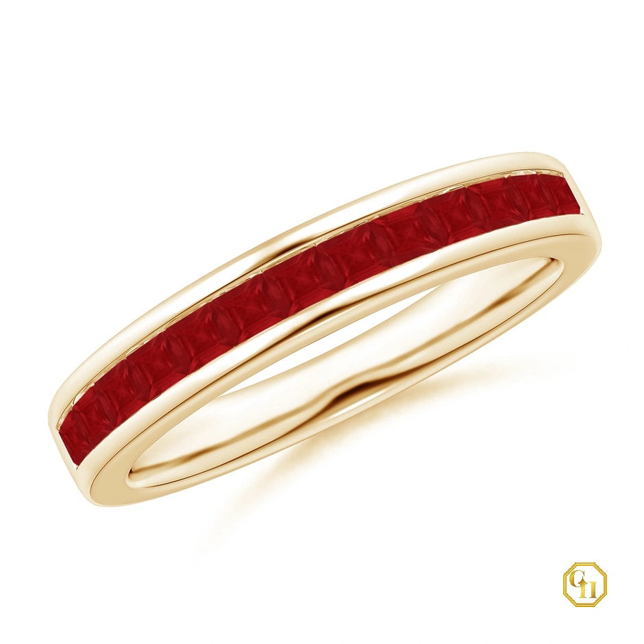 18kt Yellow Gold Ring Channel Set Ring, Ruby Half Eternity Ring, Birthstone Ring For Women