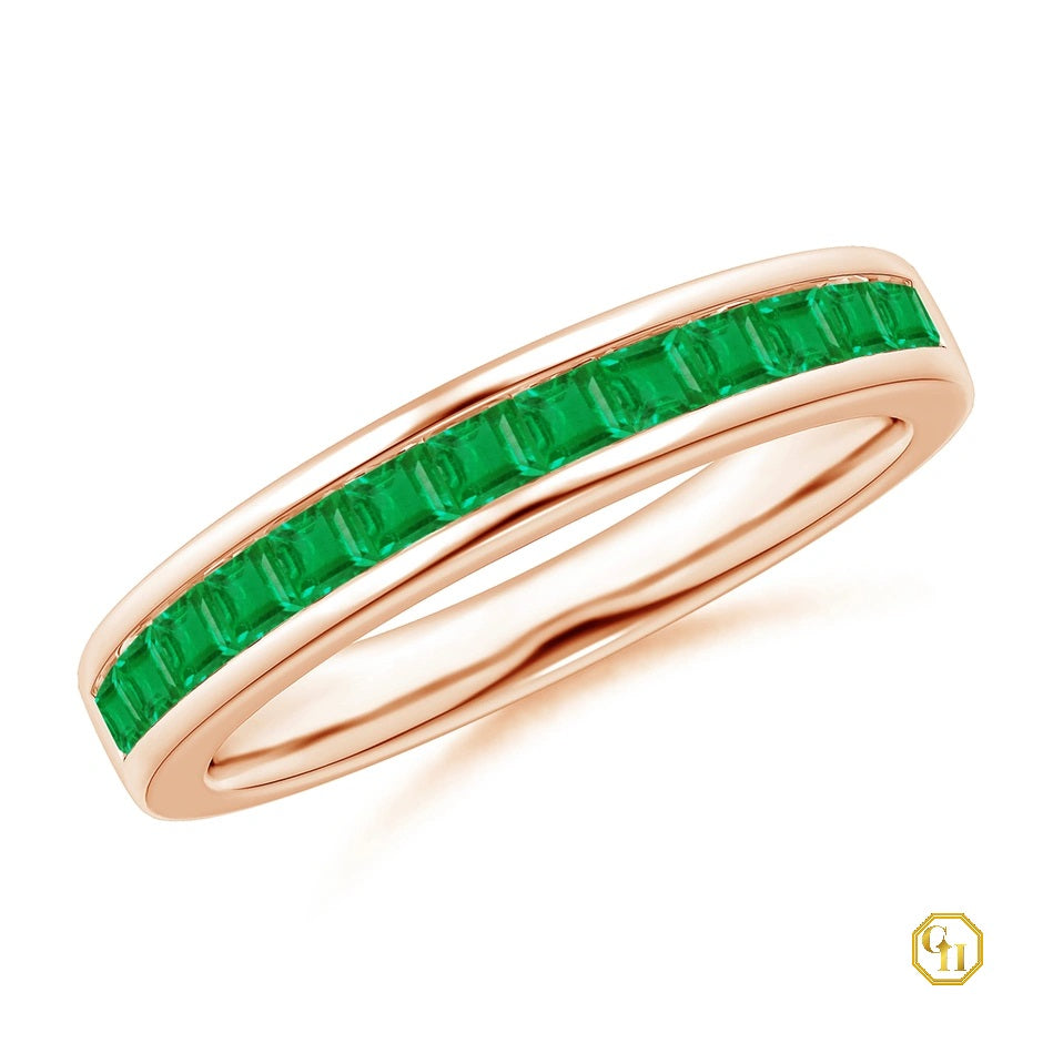 14k Rose Gold Ring Channel Set Ring, Square Emerald Half Eternity Ring, Birthstone Ring For Love