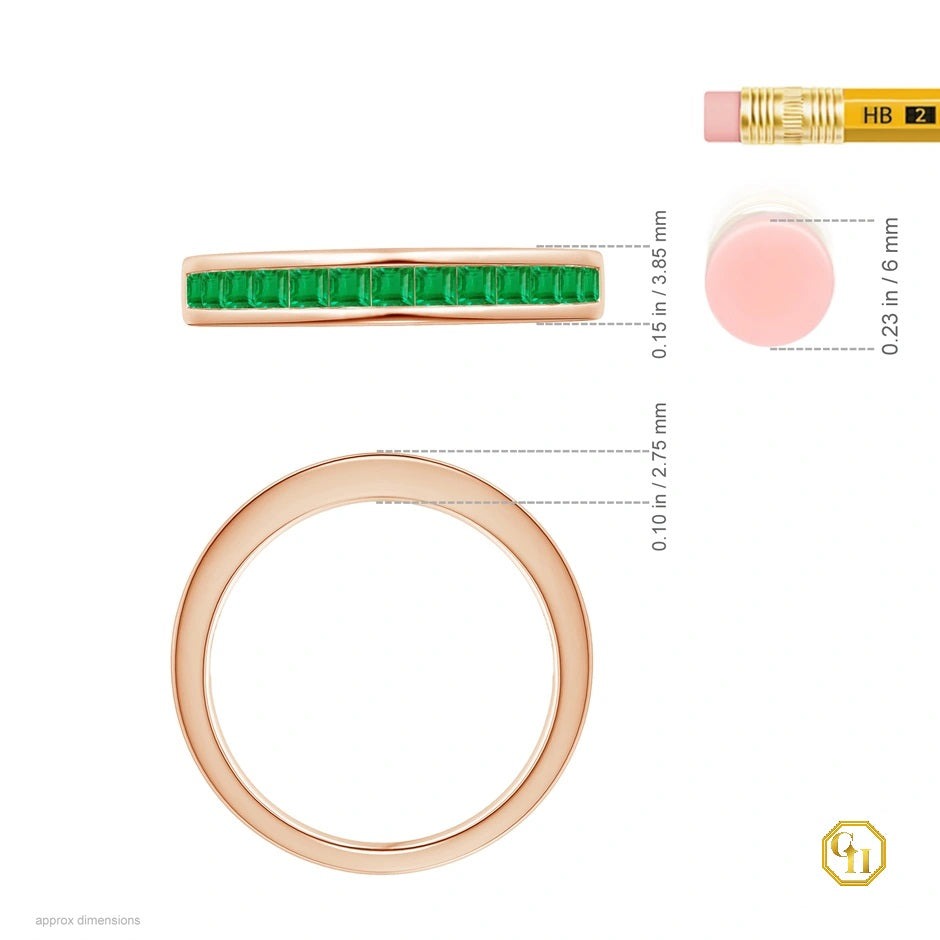14k Rose Gold Ring Channel Set Ring, Square Emerald Half Eternity Ring, Birthstone Ring For Love