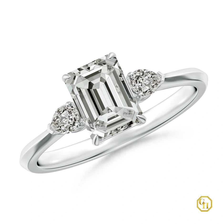 Emerald Cut Diamond 14K Gold Ring, Three Stone Engagement Ring, Best Gift's for Women