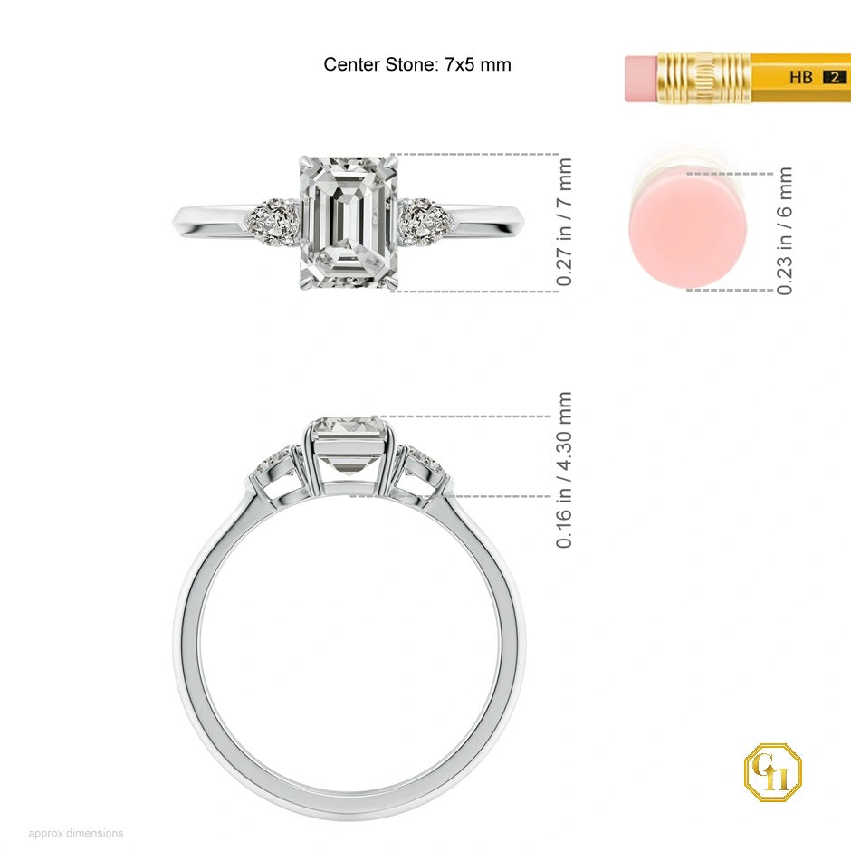 Emerald Cut Diamond 14K Gold Ring, Three Stone Engagement Ring, Best Gift's for Women