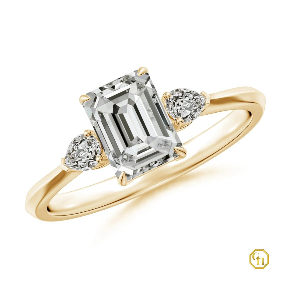 Emerald Cut Diamond 14K Gold Ring, Three Stone Engagement Ring, Best Gift's for Women