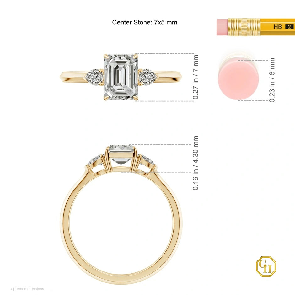 Emerald Cut Diamond 14K Gold Ring, Three Stone Engagement Ring, Best Gift's for Women