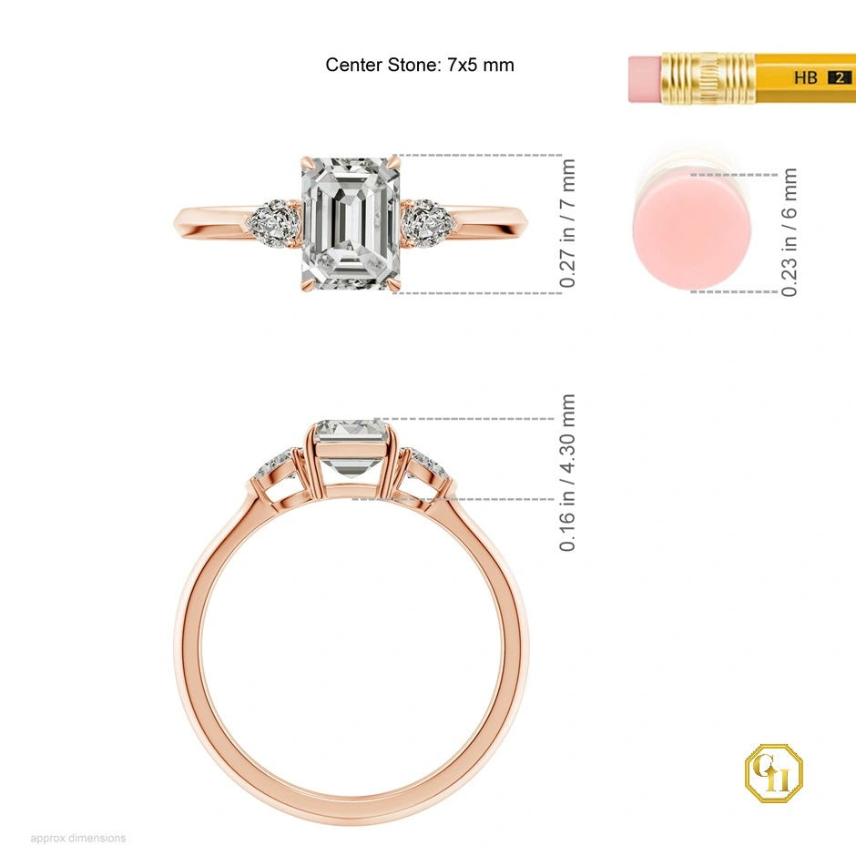 Emerald Cut Diamond 14K Gold Ring, Three Stone Engagement Ring, Best Gift's for Women