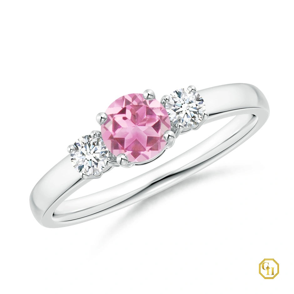 10k Gold Pink Tourmaline and Diamond Ring Three Stone Engagement Birthstone Ring, Moissanite Ring