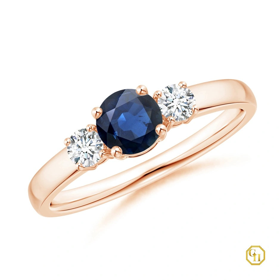 10k Gold Blue Stone Sapphire and Diamond Ring Three Stone Engagement Birthstone Ring, Moissanite Ring