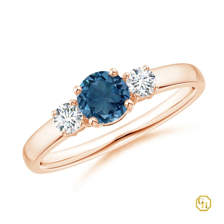 10k Gold London Blue Topaz and Diamond Ring Three Stone Engagement Birthstone Ring, Moissanite Ring