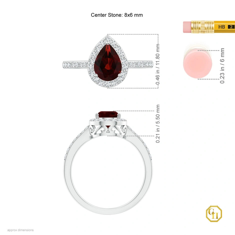 14k Rose Gold Garnet Ring with Red Stone Halo Ring, Moissanite Wedding Ring, Pear Cut Garnet Ring, Promise Ring for Women