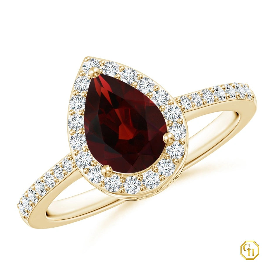 14k Rose Gold Garnet Ring with Red Stone Halo Ring, Moissanite Wedding Ring, Pear Cut Garnet Ring, Promise Ring for Women
