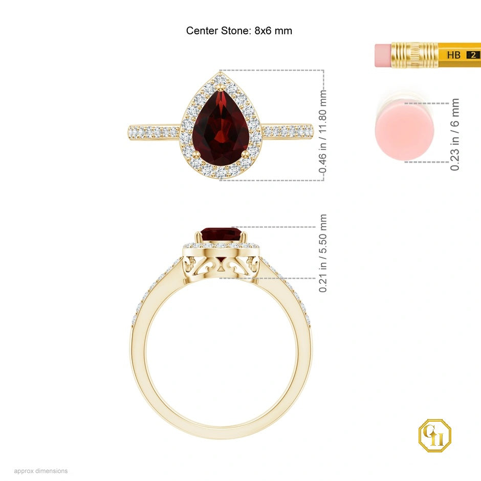 14k Rose Gold Garnet Ring with Red Stone Halo Ring, Moissanite Wedding Ring, Pear Cut Garnet Ring, Promise Ring for Women