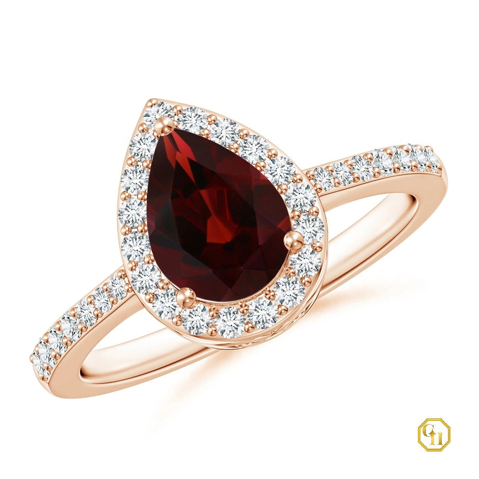 14k Rose Gold Garnet Ring with Red Stone Halo Ring, Moissanite Wedding Ring, Pear Cut Garnet Ring, Promise Ring for Women