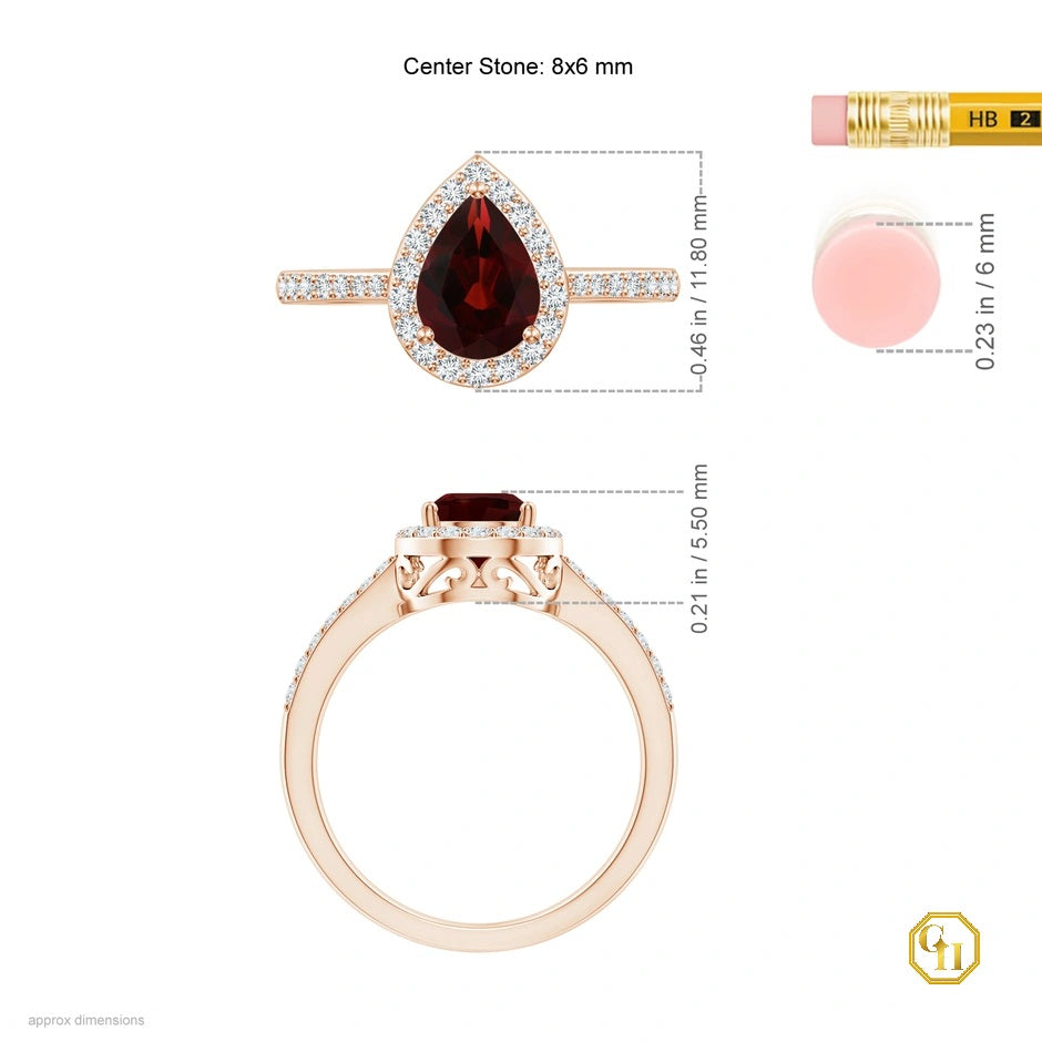 14k Rose Gold Garnet Ring with Red Stone Halo Ring, Moissanite Wedding Ring, Pear Cut Garnet Ring, Promise Ring for Women