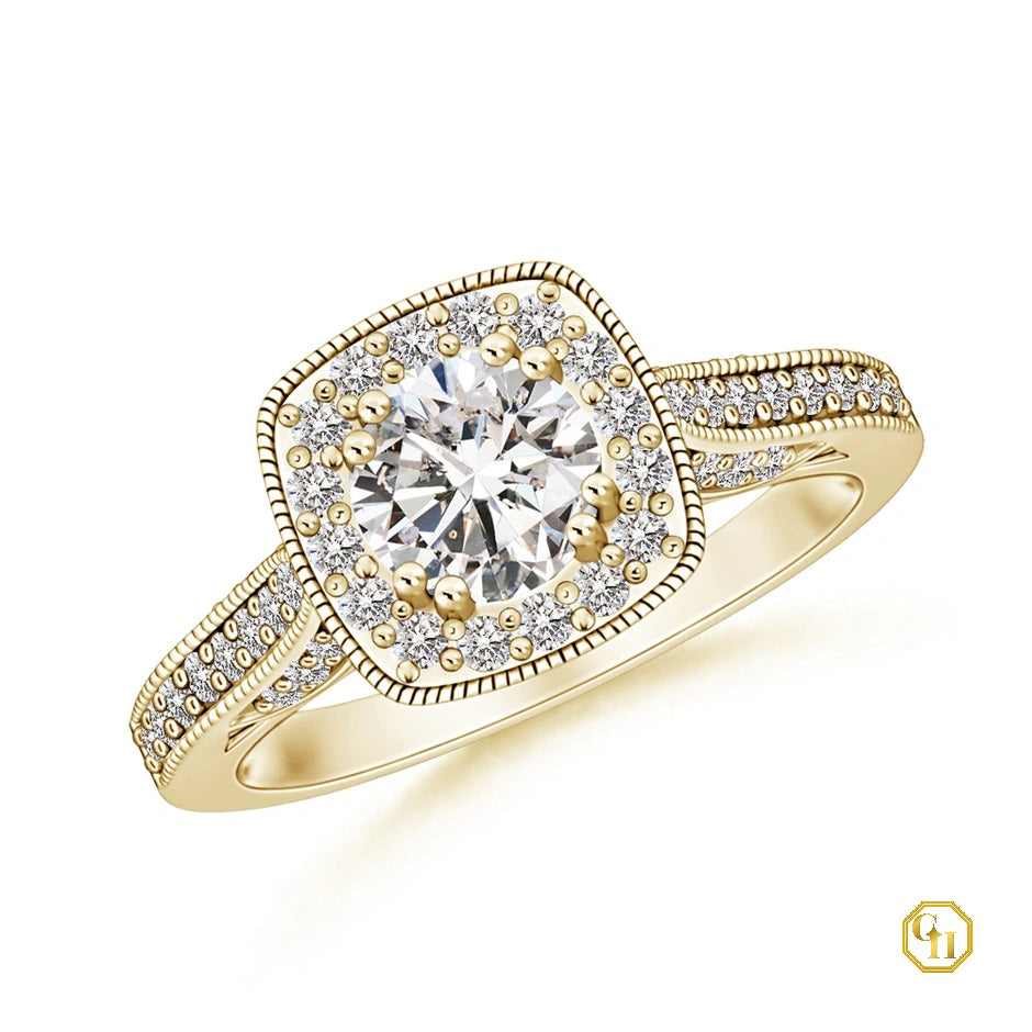 14K Rose Gold Cushion Diamond Ring with Migraine | Cocktail Ring, Moissanite Engagement Ring 14k Gold