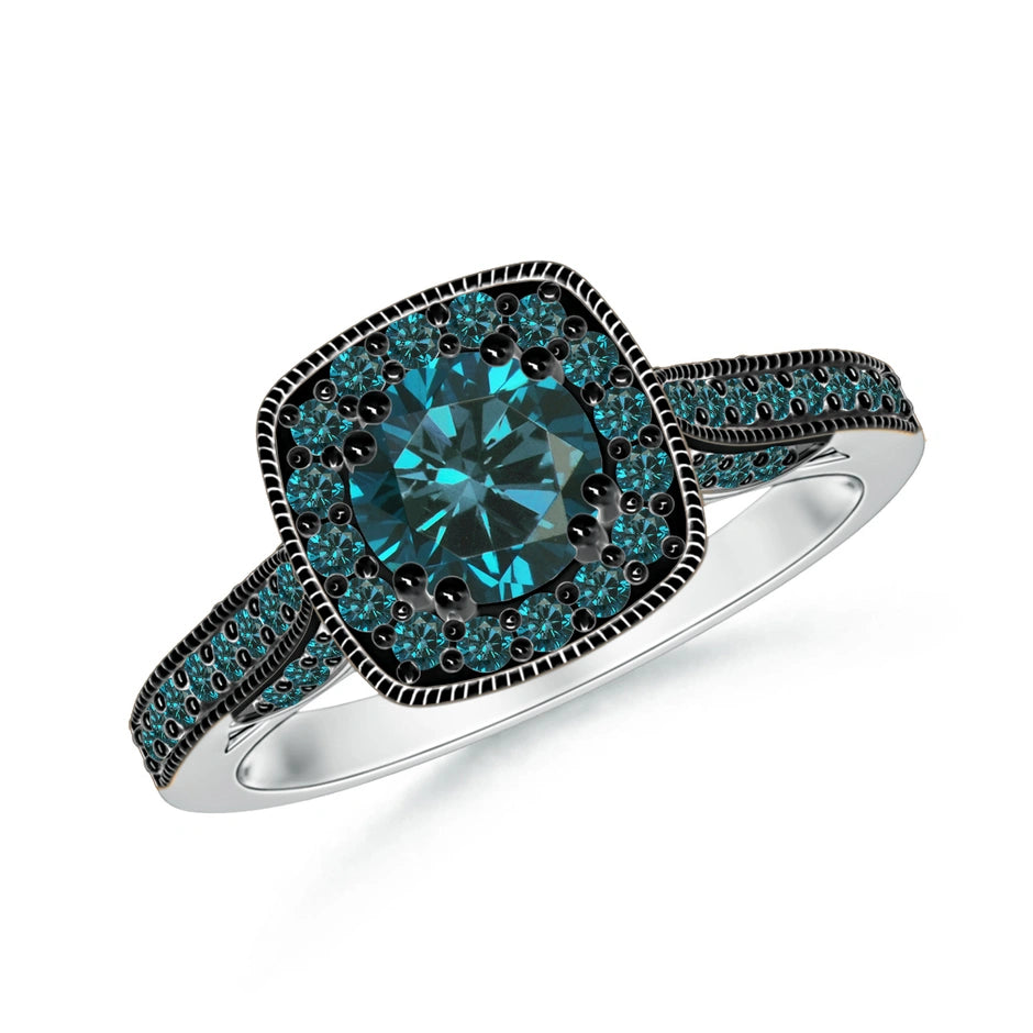 14K Rose Gold Cushion Blue Diamond Ring with Migraine | Cocktail Ring, Moissanite Engagement Ring 18k Gold