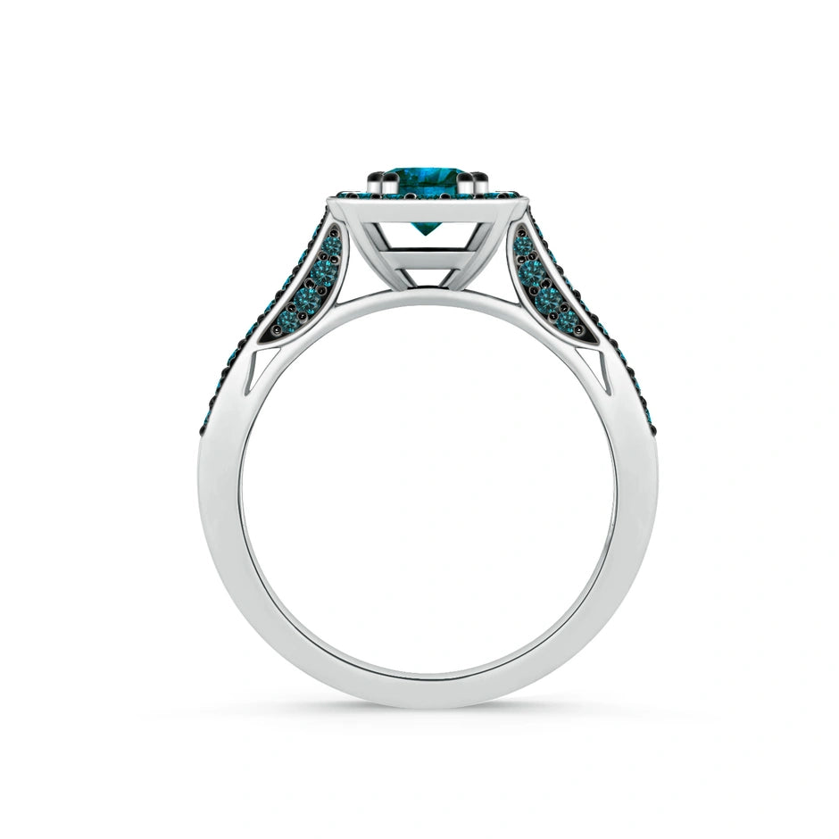 14K Rose Gold Cushion Blue Diamond Ring with Migraine | Cocktail Ring, Moissanite Engagement Ring 18k Gold