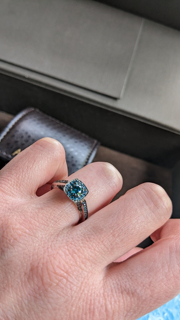 14K Rose Gold Cushion Blue Diamond Ring with Migraine | Cocktail Ring, Moissanite Engagement Ring 18k Gold