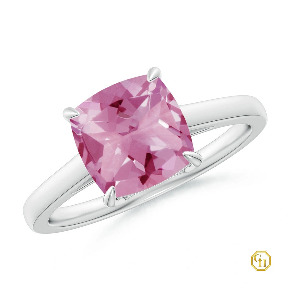 Solitaire Pink Tourmaline Cocktail Ring, Pink Stone Ring for Women, 18K Solid Gold Moissanite Wedding Ring