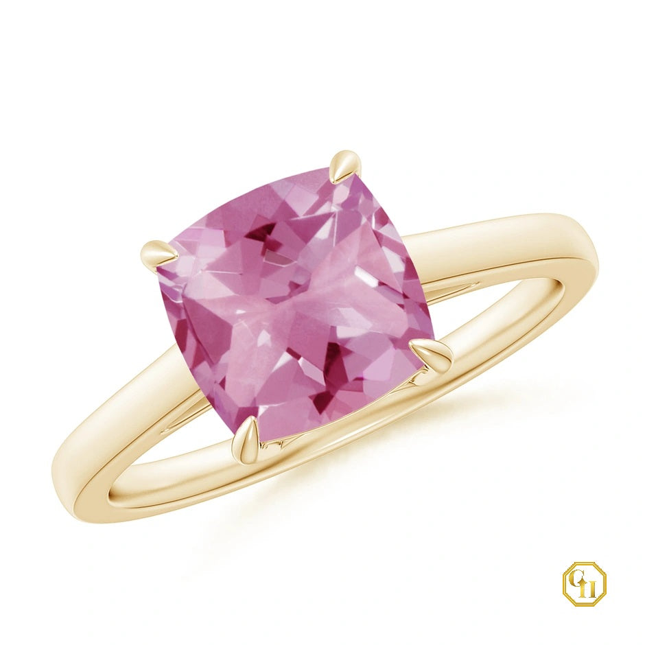 Solitaire Pink Tourmaline Cocktail Ring, Pink Stone Ring for Women, 18K Solid Gold Moissanite Wedding Ring